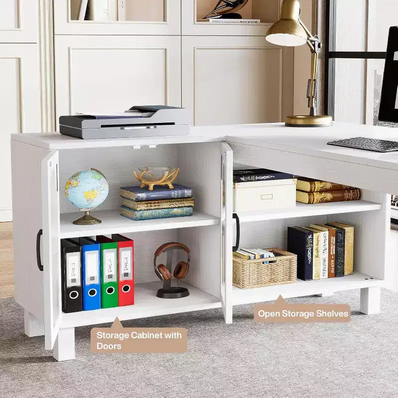 Bureau d'angle en L Lantine 59 avec classeur, bureau de direction à domicile avec étagères de rangement, bureau d'ordinateur moderne en bois pour le travail et les études (marron rustique)