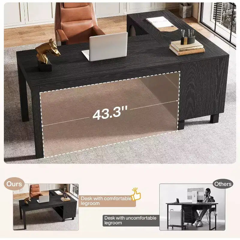 Bureau d'angle en L Lantine 59 avec classeur, bureau de direction à domicile avec étagères de rangement, bureau d'ordinateur moderne en bois pour le travail et les études (marron rustique)