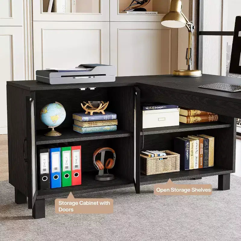 Bureau d'angle en L Lantine 59 avec classeur, bureau de direction à domicile avec étagères de rangement, bureau d'ordinateur moderne en bois pour le travail et les études (marron rustique)
