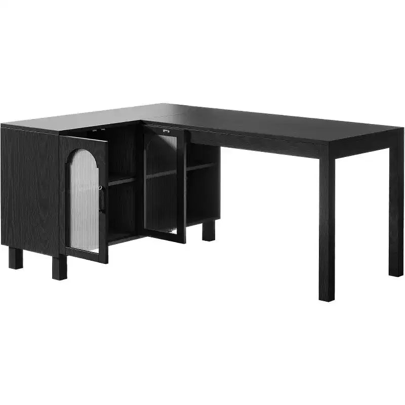 Bureau d'angle en L Lantine 59 avec classeur, bureau de direction à domicile avec étagères de rangement, bureau d'ordinateur moderne en bois pour le travail et les études (marron rustique)