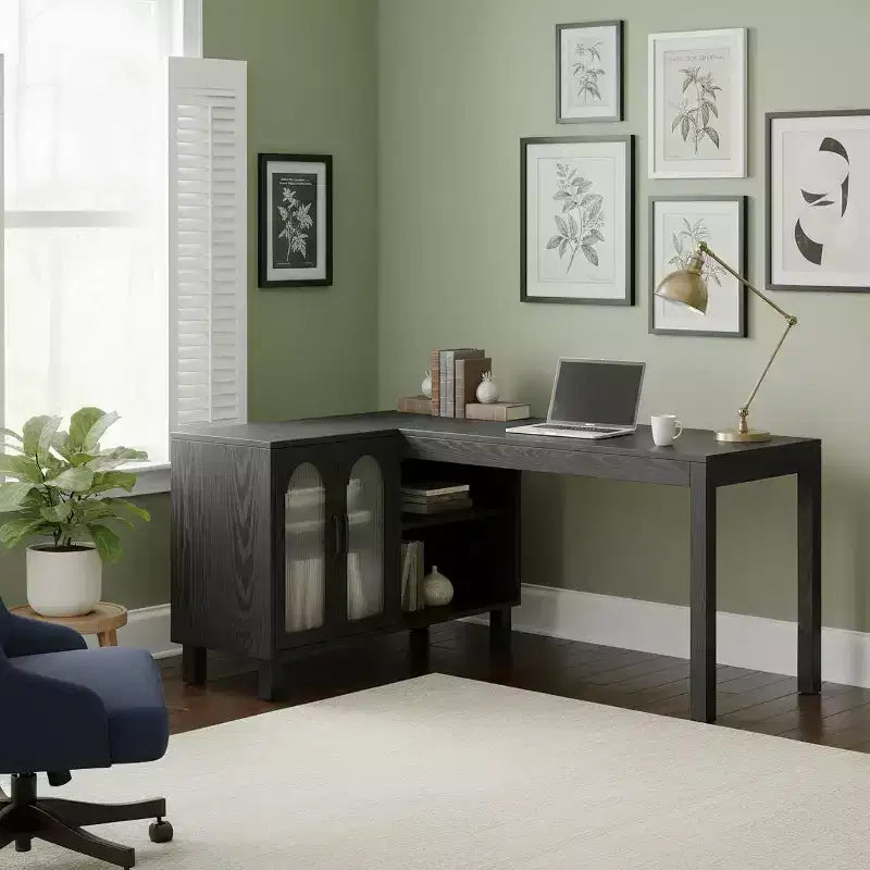 Bureau d'angle en L Lantine 59 avec classeur, bureau de direction à domicile avec étagères de rangement, bureau d'ordinateur moderne en bois pour le travail et les études (marron rustique)