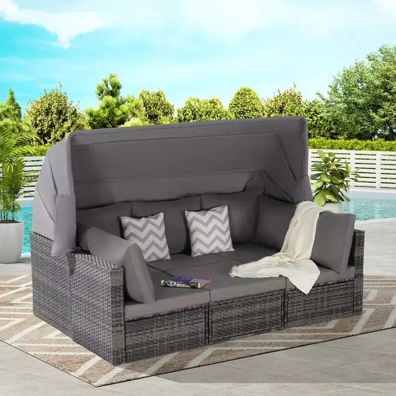 4pcs Outdoor Sectional Sofa Set Patio Daybed Chat Conversation Set Wicker Garden Seating Set with Retractable Canopy, Coffee Table, Cushion-ModernLuxe