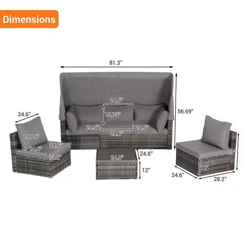 4pcs Outdoor Sectional Sofa Set Patio Daybed Chat Conversation Set Wicker Garden Seating Set with Retractable Canopy, Coffee Table, Cushion-ModernLuxe