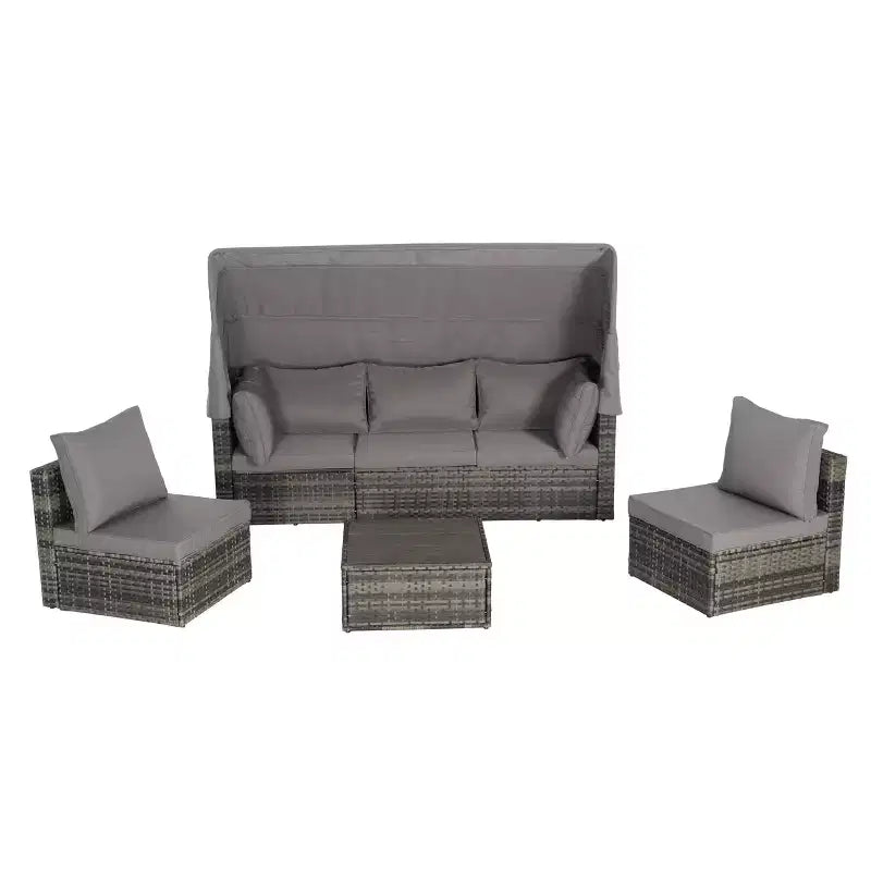 4pcs Outdoor Sectional Sofa Set Patio Daybed Chat Conversation Set Wicker Garden Seating Set with Retractable Canopy, Coffee Table, Cushion-ModernLuxe