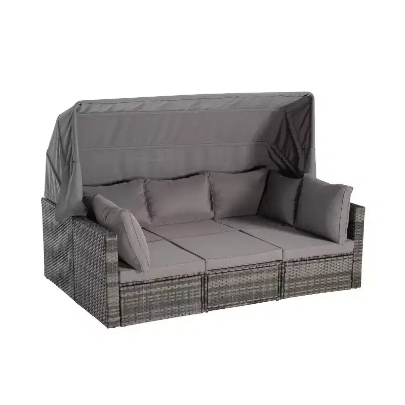 4pcs Outdoor Sectional Sofa Set Patio Daybed Chat Conversation Set Wicker Garden Seating Set with Retractable Canopy, Coffee Table, Cushion-ModernLuxe
