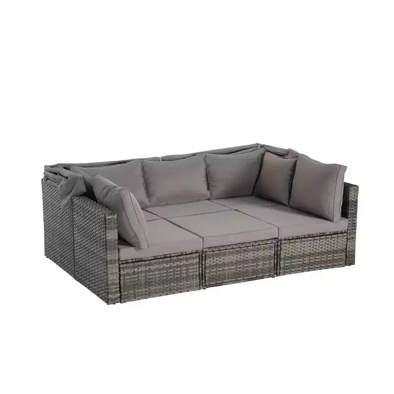 4pcs Outdoor Sectional Sofa Set Patio Daybed Chat Conversation Set Wicker Garden Seating Set with Retractable Canopy, Coffee Table, Cushion-ModernLuxe