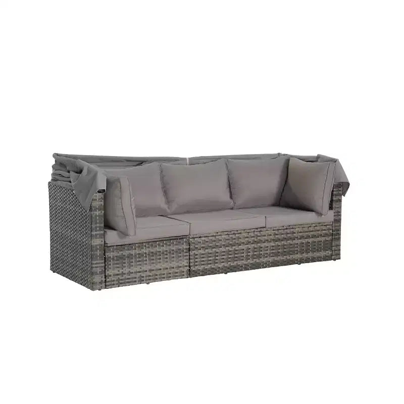 4pcs Outdoor Sectional Sofa Set Patio Daybed Chat Conversation Set Wicker Garden Seating Set with Retractable Canopy, Coffee Table, Cushion-ModernLuxe