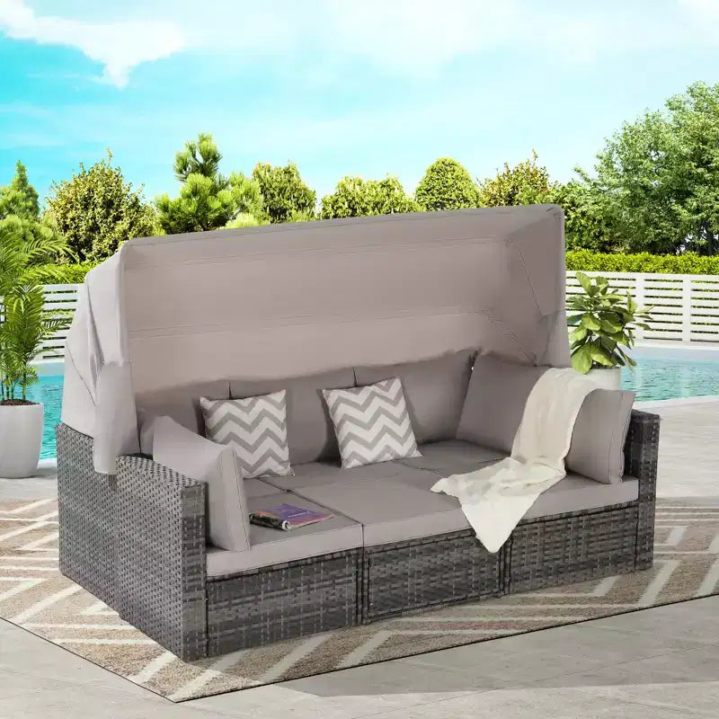 4pcs Outdoor Sectional Sofa Set Patio Daybed Chat Conversation Set Wicker Garden Seating Set with Retractable Canopy, Coffee Table, Cushion-ModernLuxe