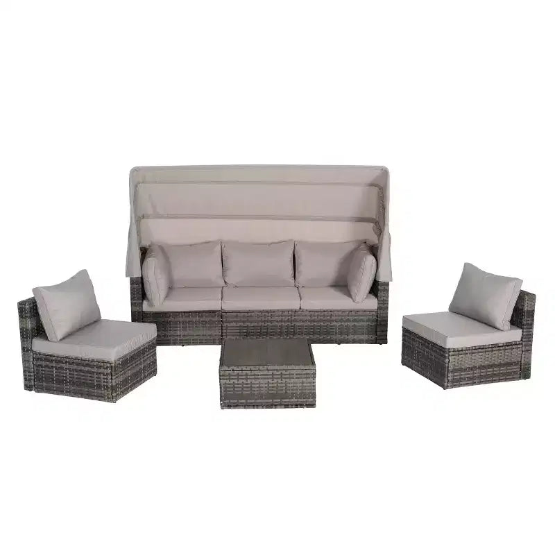 4pcs Outdoor Sectional Sofa Set Patio Daybed Chat Conversation Set Wicker Garden Seating Set with Retractable Canopy, Coffee Table, Cushion-ModernLuxe