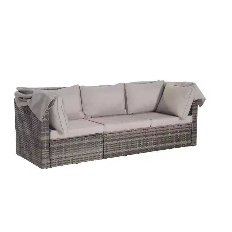 4pcs Outdoor Sectional Sofa Set Patio Daybed Chat Conversation Set Wicker Garden Seating Set with Retractable Canopy, Coffee Table, Cushion-ModernLuxe