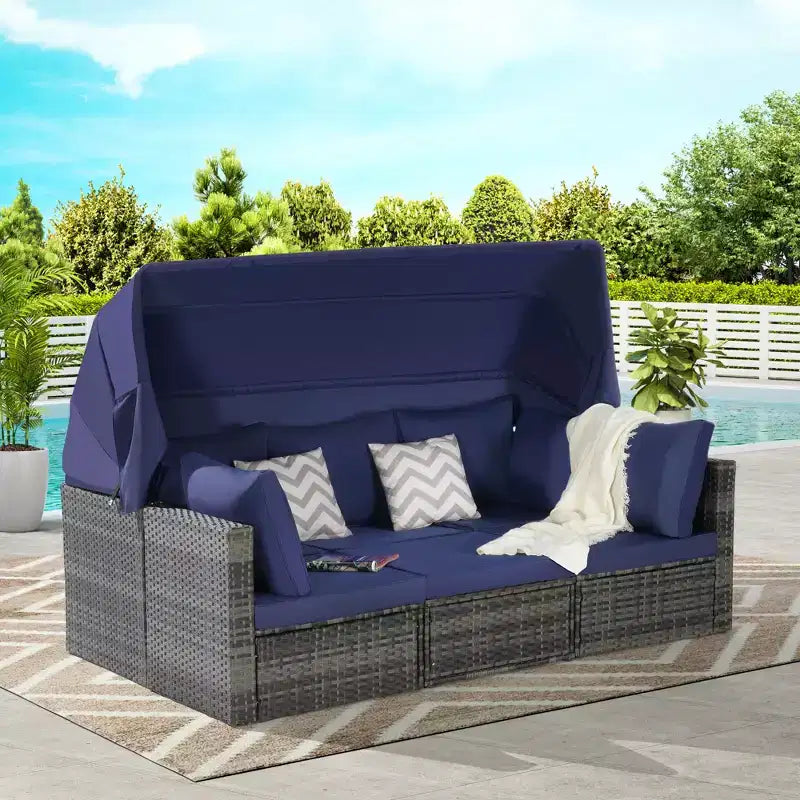 4pcs Outdoor Sectional Sofa Set Patio Daybed Chat Conversation Set Wicker Garden Seating Set with Retractable Canopy, Coffee Table, Cushion-ModernLuxe