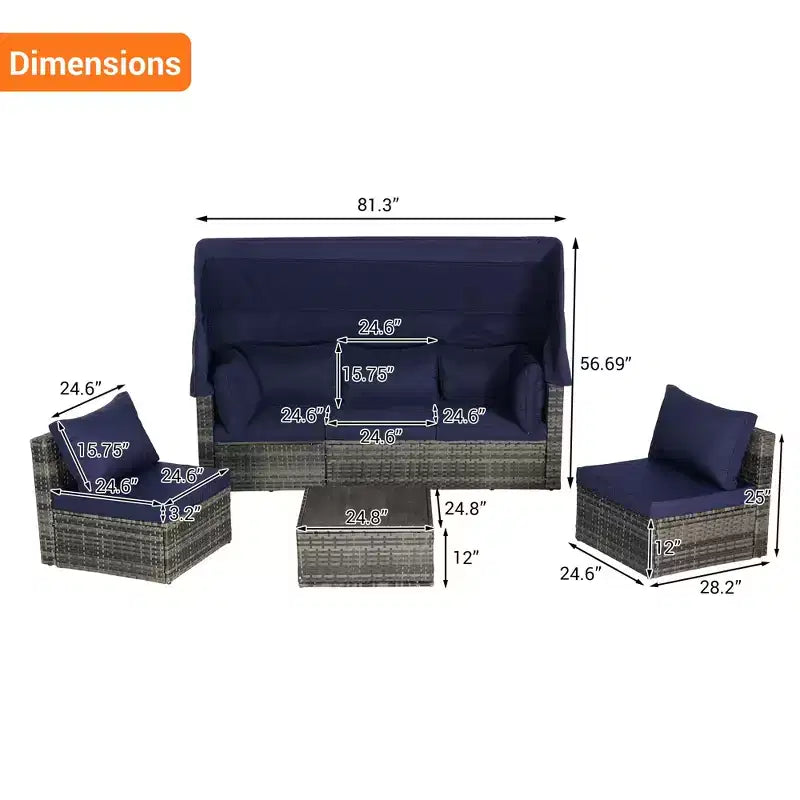 4pcs Outdoor Sectional Sofa Set Patio Daybed Chat Conversation Set Wicker Garden Seating Set with Retractable Canopy, Coffee Table, Cushion-ModernLuxe