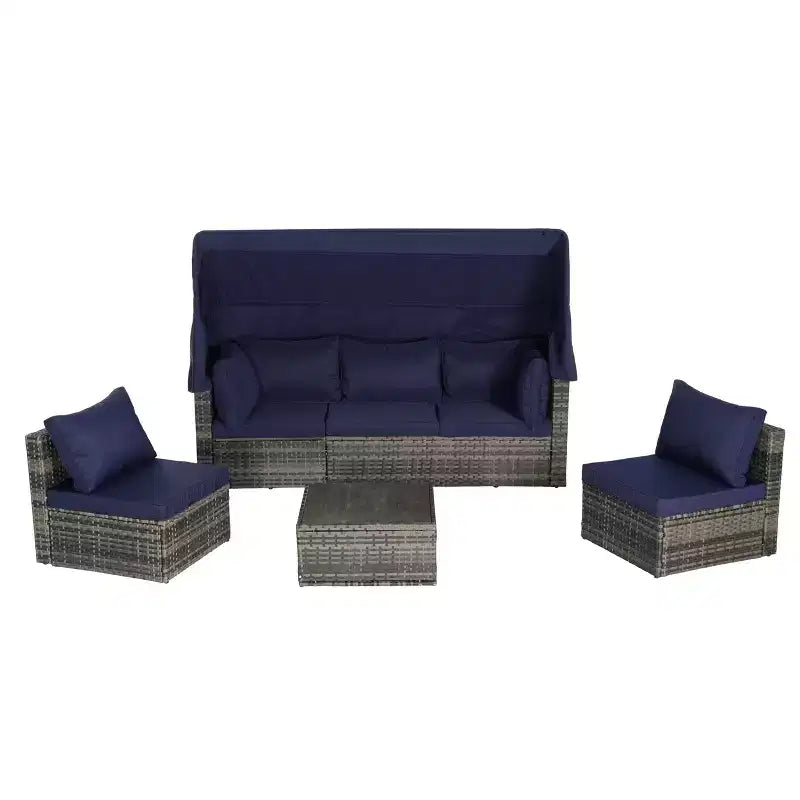 4pcs Outdoor Sectional Sofa Set Patio Daybed Chat Conversation Set Wicker Garden Seating Set with Retractable Canopy, Coffee Table, Cushion-ModernLuxe