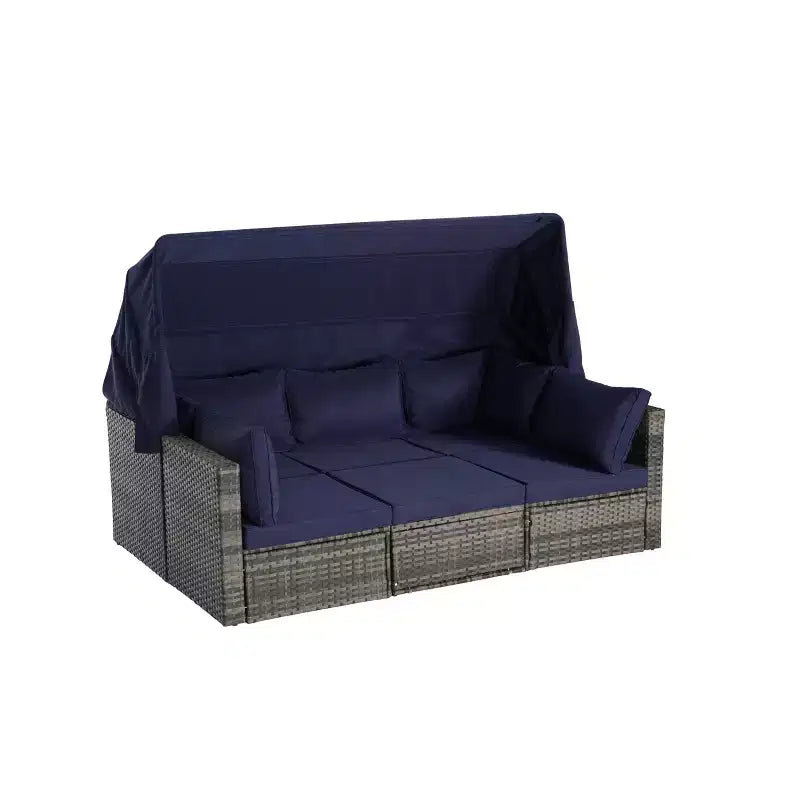 4pcs Outdoor Sectional Sofa Set Patio Daybed Chat Conversation Set Wicker Garden Seating Set with Retractable Canopy, Coffee Table, Cushion-ModernLuxe