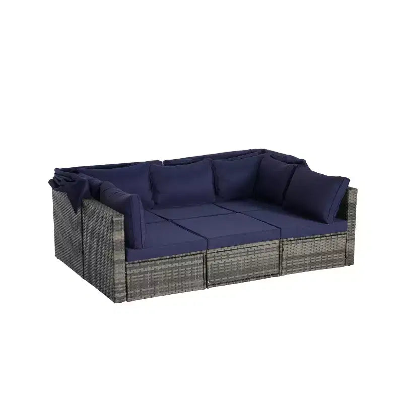 4pcs Outdoor Sectional Sofa Set Patio Daybed Chat Conversation Set Wicker Garden Seating Set with Retractable Canopy, Coffee Table, Cushion-ModernLuxe