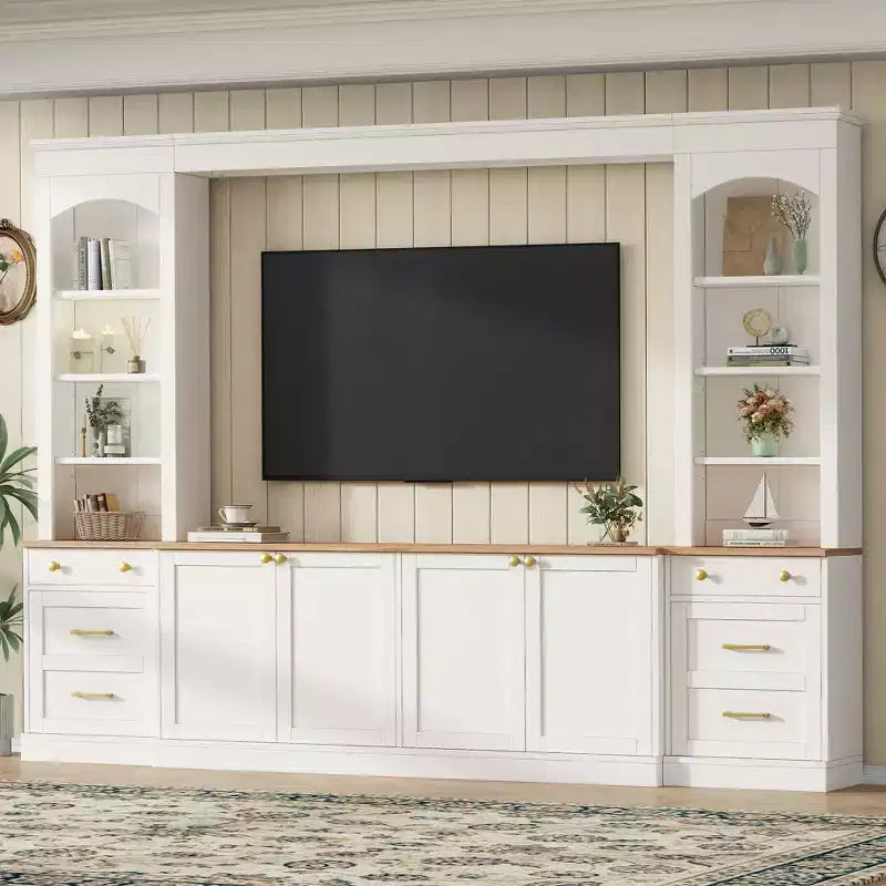 ModernLuxe Farmhouse Arched Entertainment Center Wall Unit, Fits TVs Up to 70, Large TV Stand Media Console with Drawers & Bookshelves