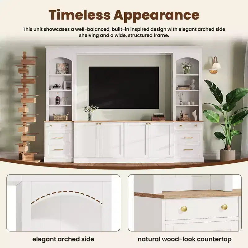 ModernLuxe Farmhouse Arched Entertainment Center Wall Unit, Fits TVs Up to 70, Large TV Stand Media Console with Drawers & Bookshelves