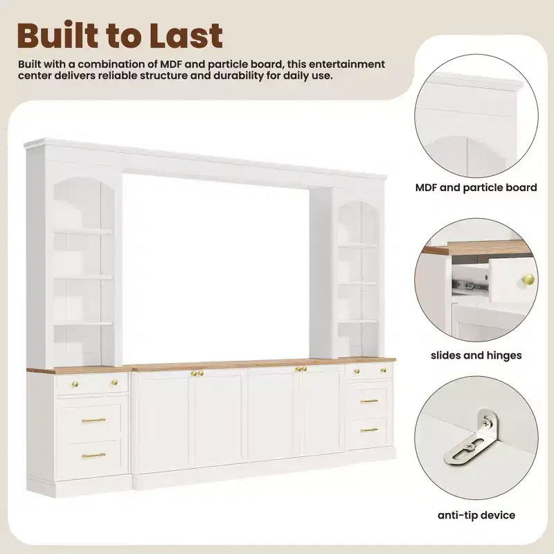 ModernLuxe Farmhouse Arched Entertainment Center Wall Unit, Fits TVs Up to 70, Large TV Stand Media Console with Drawers & Bookshelves