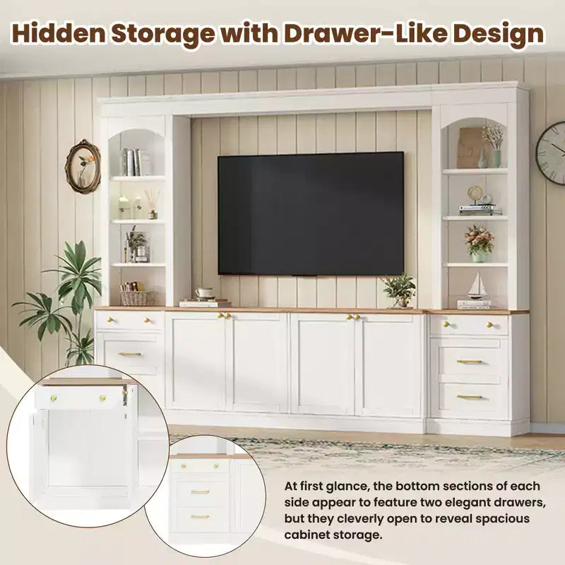 ModernLuxe Farmhouse Arched Entertainment Center Wall Unit, Fits TVs Up to 70, Large TV Stand Media Console with Drawers & Bookshelves