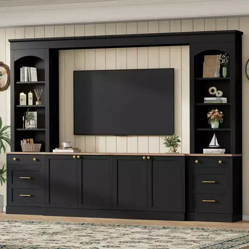 ModernLuxe Farmhouse Arched Entertainment Center Wall Unit, Fits TVs Up to 70, Large TV Stand Media Console with Drawers & Bookshelves