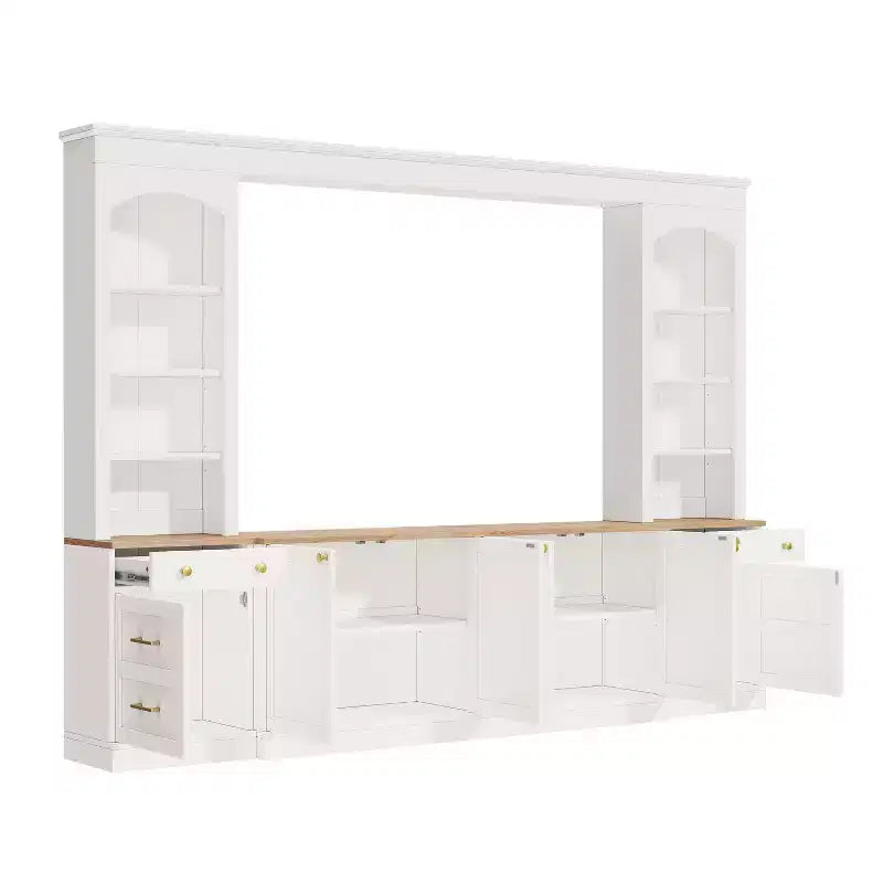 ModernLuxe Farmhouse Arched Entertainment Center Wall Unit, Fits TVs Up to 70, Large TV Stand Media Console with Drawers & Bookshelves