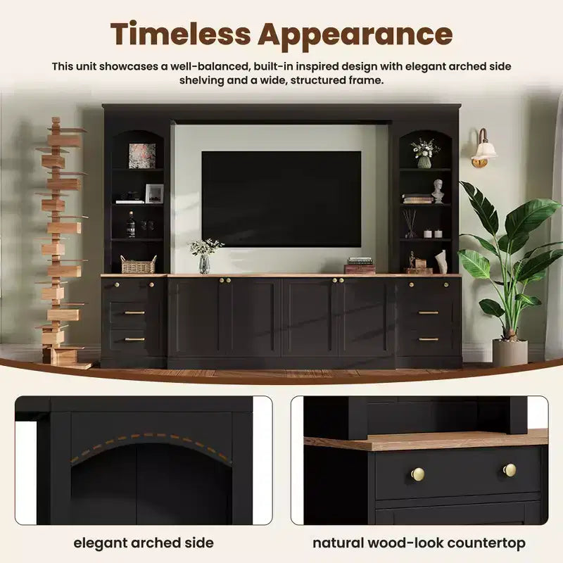 ModernLuxe Farmhouse Arched Entertainment Center Wall Unit, Fits TVs Up to 70, Large TV Stand Media Console with Drawers & Bookshelves
