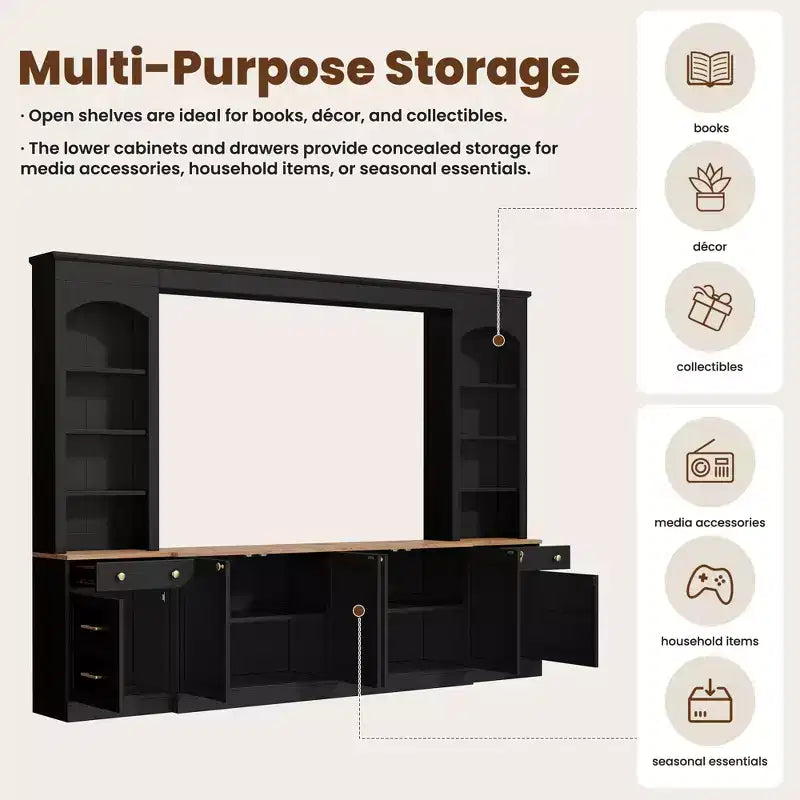 ModernLuxe Farmhouse Arched Entertainment Center Wall Unit, Fits TVs Up to 70, Large TV Stand Media Console with Drawers & Bookshelves