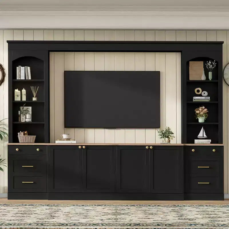 ModernLuxe Farmhouse Arched Entertainment Center Wall Unit, Fits TVs Up to 70, Large TV Stand Media Console with Drawers & Bookshelves
