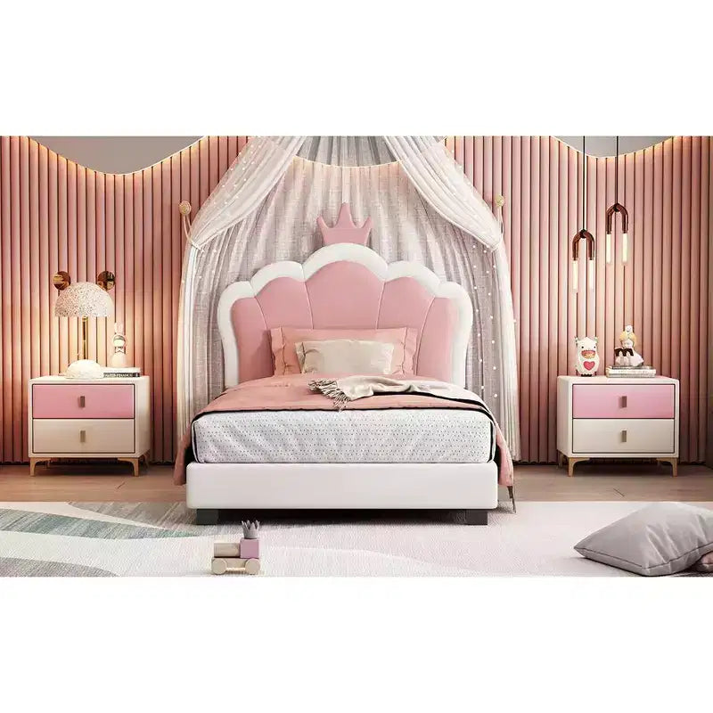 Twin Upholstered Princess Bed with Crown Headboard, Platform Bed with Headboard and Footboard, Cream and Pink
