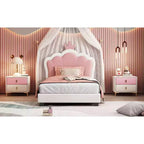 Twin Upholstered Princess Bed with Crown Headboard, Platform Bed with Headboard and Footboard, Cream and Pink