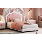 Twin Upholstered Princess Bed with Crown Headboard, Platform Bed with Headboard and Footboard, Cream and Pink