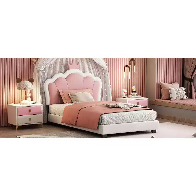 Twin Upholstered Princess Bed with Crown Headboard, Platform Bed with Headboard and Footboard, Cream and Pink