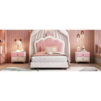 Twin Upholstered Princess Bed with Crown Headboard, Platform Bed with Headboard and Footboard, Cream and Pink
