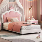 Twin Upholstered Princess Bed with Crown Headboard, Platform Bed with Headboard and Footboard, Cream and Pink