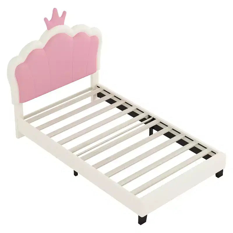 Twin Upholstered Princess Bed with Crown Headboard, Platform Bed with Headboard and Footboard, Cream and Pink