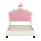 Twin Upholstered Princess Bed with Crown Headboard, Platform Bed with Headboard and Footboard, Cream and Pink
