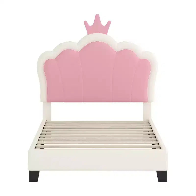 Twin Upholstered Princess Bed with Crown Headboard, Platform Bed with Headboard and Footboard, Cream and Pink