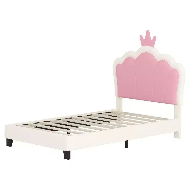 Twin Upholstered Princess Bed with Crown Headboard, Platform Bed with Headboard and Footboard, Cream and Pink