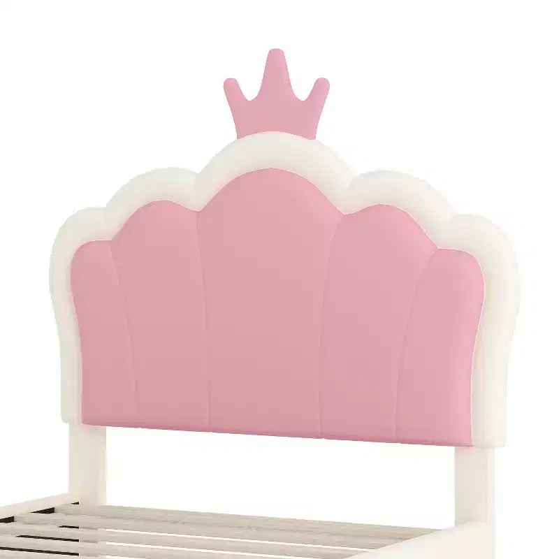 Twin Upholstered Princess Bed with Crown Headboard, Platform Bed with Headboard and Footboard, Cream and Pink