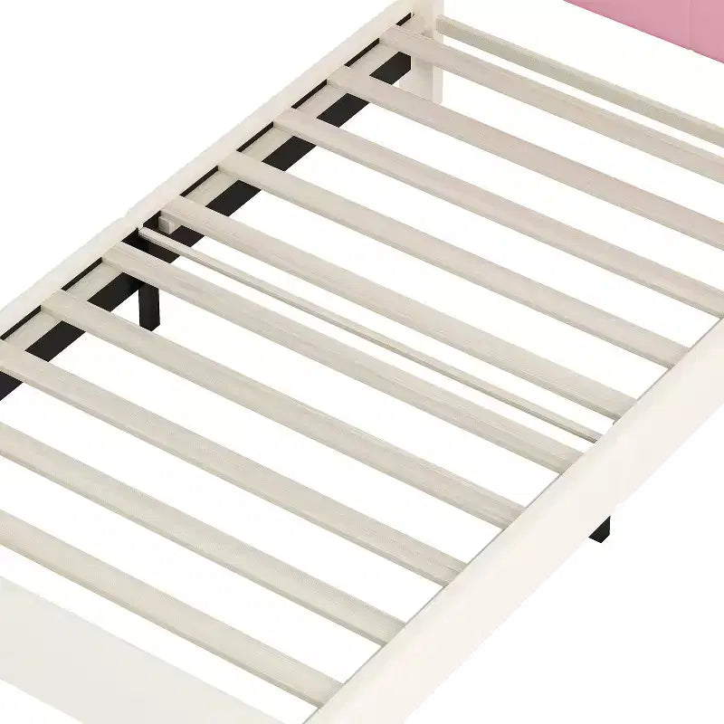 Twin Upholstered Princess Bed with Crown Headboard, Platform Bed with Headboard and Footboard, Cream and Pink