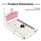Twin Upholstered Princess Bed with Crown Headboard, Platform Bed with Headboard and Footboard, Cream and Pink