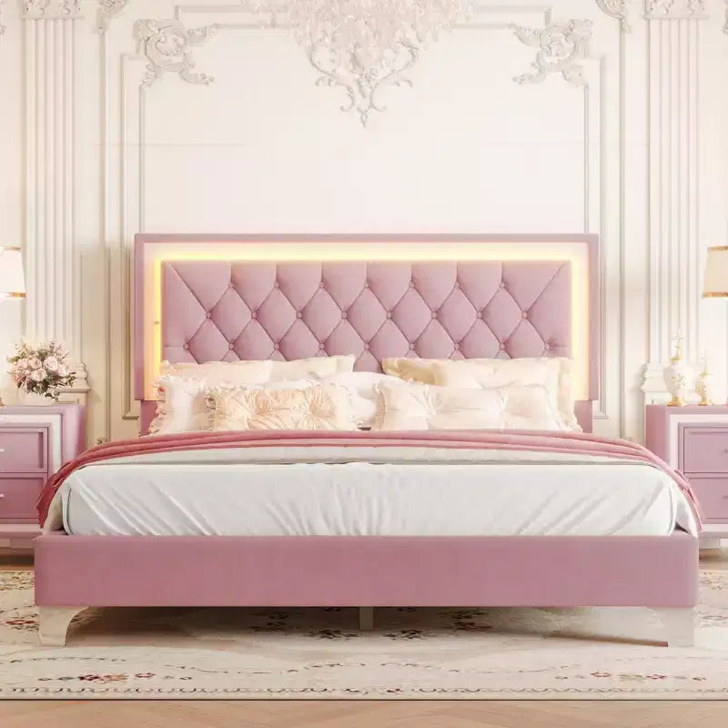 Queen Upholstered Bed Frame with LED Lights, Velvet Platform Bed with Tufted Headboard, Pink