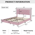 Queen Upholstered Bed Frame with LED Lights, Velvet Platform Bed with Tufted Headboard, Pink