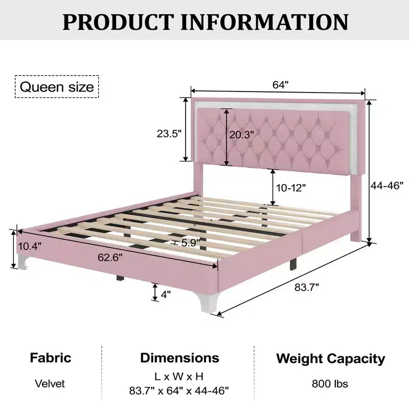 Queen Upholstered Bed Frame with LED Lights, Velvet Platform Bed with Tufted Headboard, Pink