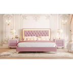 Queen Upholstered Bed Frame with LED Lights, Velvet Platform Bed with Tufted Headboard, Pink