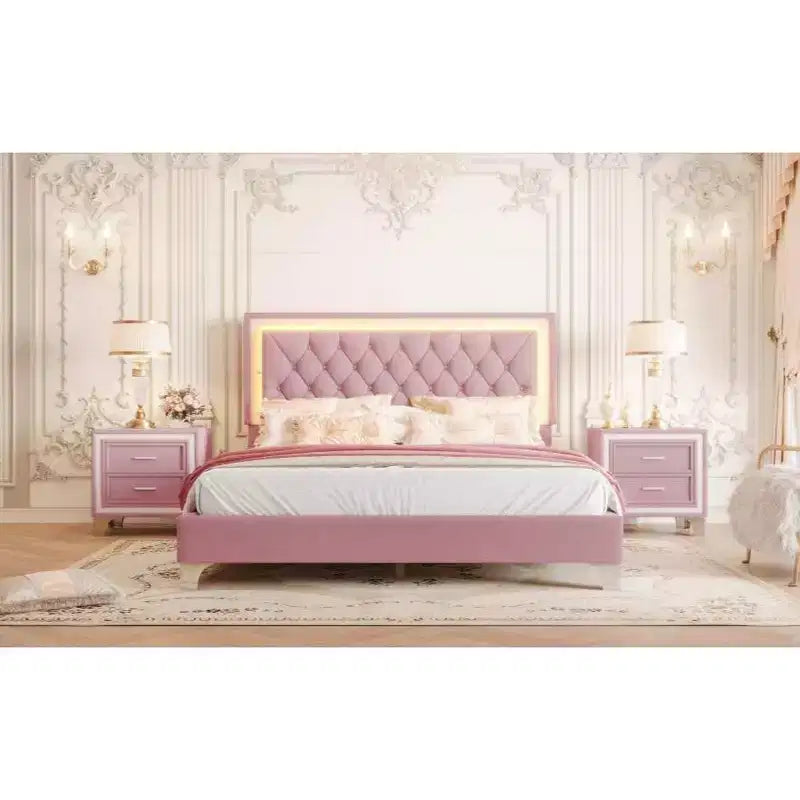 Queen Upholstered Bed Frame with LED Lights, Velvet Platform Bed with Tufted Headboard, Pink
