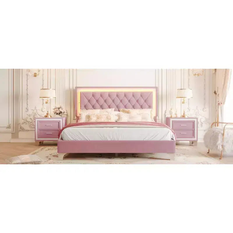 Queen Upholstered Bed Frame with LED Lights, Velvet Platform Bed with Tufted Headboard, Pink