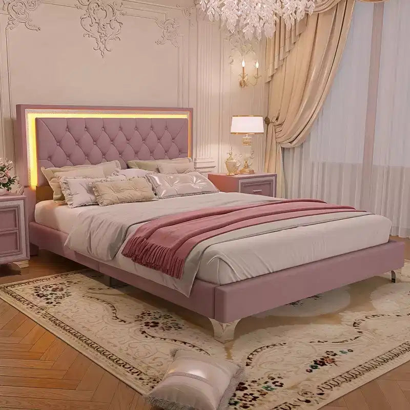 Queen Upholstered Bed Frame with LED Lights, Velvet Platform Bed with Tufted Headboard, Pink