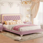 Queen Upholstered Bed Frame with LED Lights, Velvet Platform Bed with Tufted Headboard, Pink