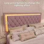 Queen Upholstered Bed Frame with LED Lights, Velvet Platform Bed with Tufted Headboard, Pink